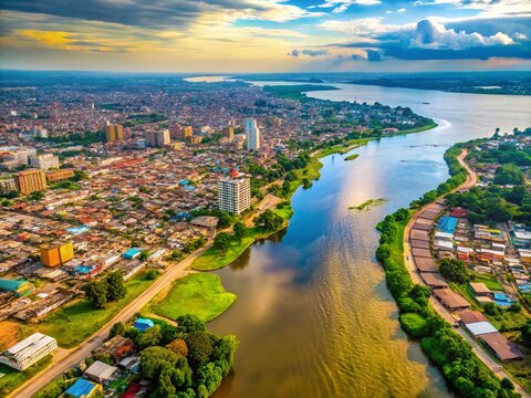 Aerial Drone View Congo River: Urban Exploration Photography, Kinshasa Skyline, Brazzaville Panorama, African River Scenery, Drone Photography