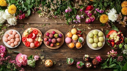 4. A rustic wooden table with a spread of gourmet treats, including macarons, fruit tarts, and mini cheesecakes, surrounded by flowers.