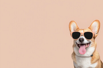 Funny, cheerful corgi dog in sunglasses with his tongue hanging out on a light pink background on the right. Comic, advertising banner.