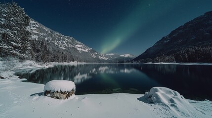 Ethereal Nighttime Skyline: A Serene Winter Landscape with Soft Glow Over a Snowy Lake and Majestic Mountains Under the Starry Night Sky