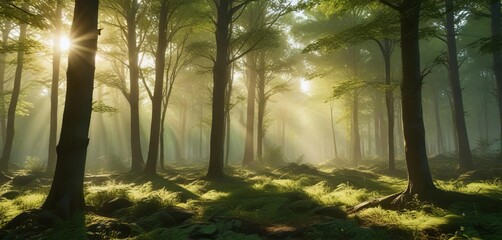 Abstract composition of warm sunlight shining through trees and foliage in a bright green forest, nature sunny abstract summer background with sun, foliage, sun