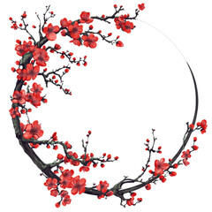 Fototapeta premium Beautiful red cherry blossoms arranged in circular design, symbolizing renewal and beauty. intricate branches and vibrant flowers create stunning visual