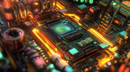 A futuristic microchip prototype with visible transistors, placed on a circuit board with neon-lit connections