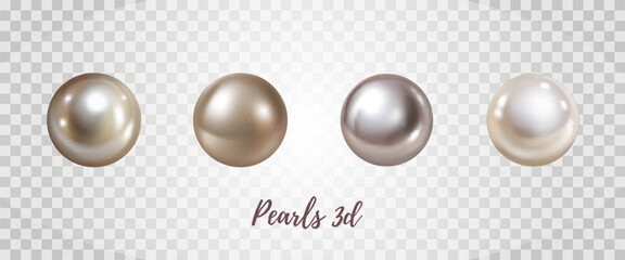 3d vector mesh pearl beads isolated on transparent background. Different shades pearls, rose oyster, holographic white pearl, metallic, brown. Glossy metallic jewelry balls