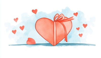 A whimsical watercolor illustration of a heart-shaped gift box surrounded by floating hearts, symbolizing love and affection.