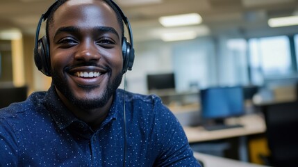 Fototapeta premium Young Man Smiling with Headphones in Modern Office Environment, Engaged in Work or Leisure, Technology and Connectivity Concept in Contemporary Workspace