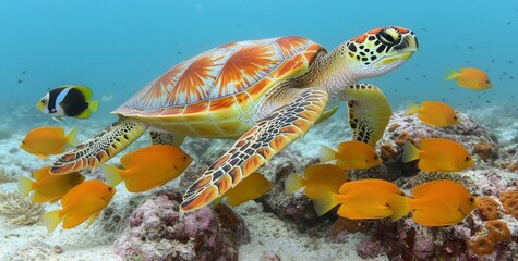 Caribbean sea colorful coral reef underwater with a green sea turtle and tropical fish, Mexico , isolated on white background,  , copy space, copy space for text,