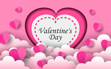 Happy Valentine's day with pink sky and paper cut clouds. vector illustration