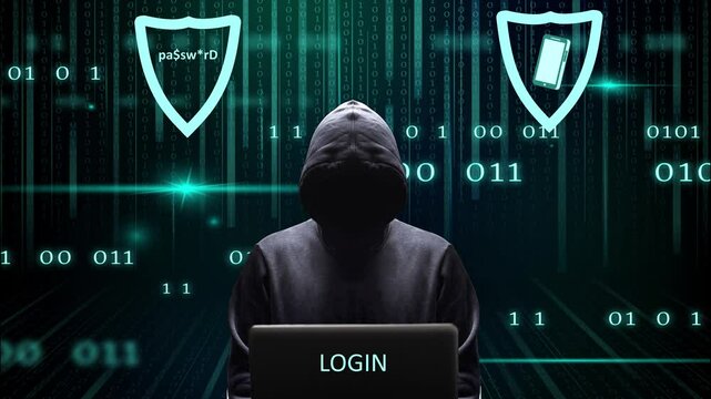 Illustration anim&eacute;e du double facteurs d'authentification avec la silhouette d'un cybercriminel sur fond de donn&eacute;es binaires cyan