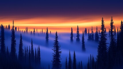 Mystical Dawn Sky Glowing in Shades of Indigo with Tall Pine Trees Silhouetted Against a Dreamy Landscape of Mist and Atmospheric Beauty