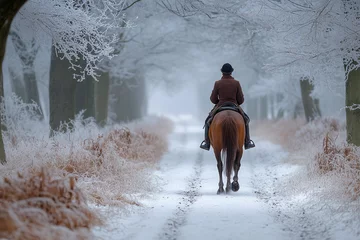 Fototapeten a person riding a horse on a snowy path in the woods with trees and bushes on either side of the path © AiArtVision