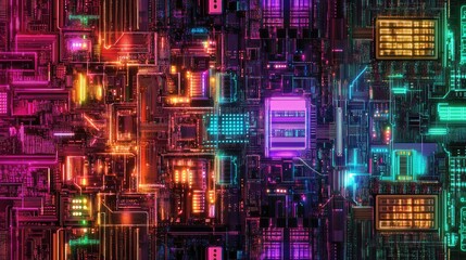 A futuristic quantum microchip architecture with intricate glowing circuits and quantum entanglement pathways displayed in neon colors