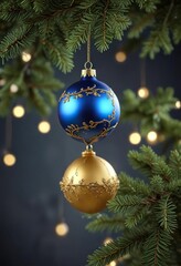 A single blue and gold Christmas ornament hanging from a tree branch, gold ornaments, holly, greenery garland