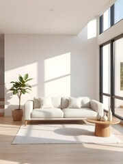 modern minimalist living room interior design, beige and white sofa with wooden furniture, large windows with daylight, potted plant decor, contemporary home style