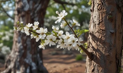 A small sprig of white cherry blossoms against the trunk of a ancient tree with weathered bark and gnarled branches, delicate flower branch, blooming branches , serene landscape