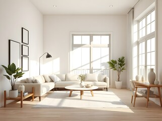 Fototapeta premium modern minimalist living room interior design, beige and white sofa with wooden furniture, large windows with daylight, potted plant decor, contemporary home style