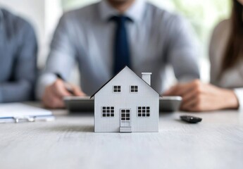 Model House on Table with Business Professionals Discussing Real Estate