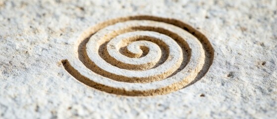 An intricate spiral pattern etched into a stone surface, symbolizing continuity and connection through time.