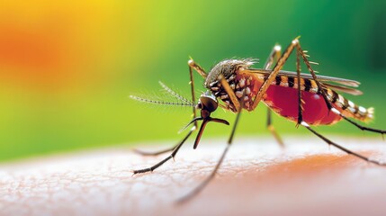 Close-Up of a Mosquito Feeding on Skin, Highlighting Detail of Insect Anatomy and Vibrant Background of Nature, Perfect for Health and Science Illustrations