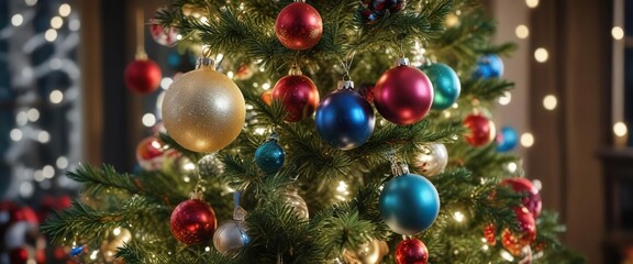 Fototapeta premium Close-up of a beautifully decorated Christmas tree with sparkling lights, colorful ornaments, and glass baubles, Glass Baubles, Sparkly Ornaments