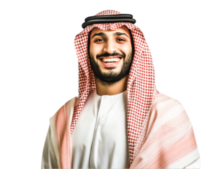 Portrait of a smiling, handsome Saudi man wearing traditional clothes, isolated on transparent background
