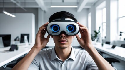 Man Adjusting Virtual Reality Headset in Office Setting