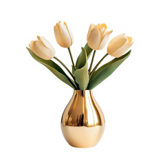 beautiful golden vase filled with elegant yellow tulips, showcasing modern design. vibrant flowers and sleek vase create stunning centerpiece for any decor