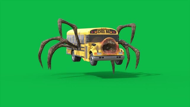 Green Screen School Bus Eater Monster, Big Mouth, Scary, 3D Animations SCP Rendering CGI Cinematic 4K