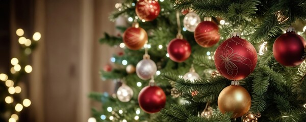 Close-up of ornaments and lights on a festive Christmas tree, wooden floor, Christmas