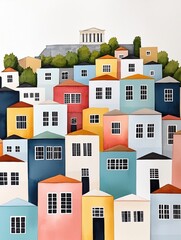 A colorful illustration of stacked houses on a hillside, featuring a prominent structure at the top, surrounded by greenery.