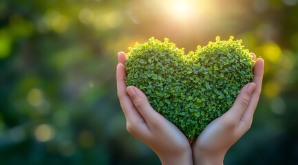 Hands holding a green heart-shaped object made of small plants, with sunlight and a blurred background