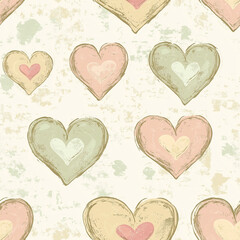 Pink and green vintage seamless background with hearts, pastel colors, sketch style, grunge look