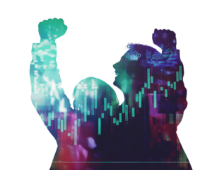 Silhouette of a winning figure celebrating with colorful financial graphics.