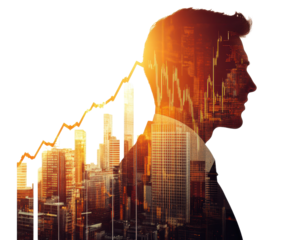 Businessman silhouette with cityscape and graph overlay representing growth.