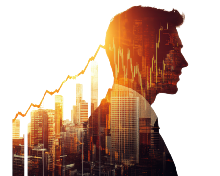 Businessman silhouette with cityscape and graph overlay representing growth.