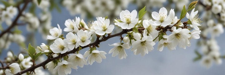 Obraz premium Cluster of prunus spinosa white blossoms on a tree branch with shallow depth of field, closeup, growth, rural, outdoor, spring season
