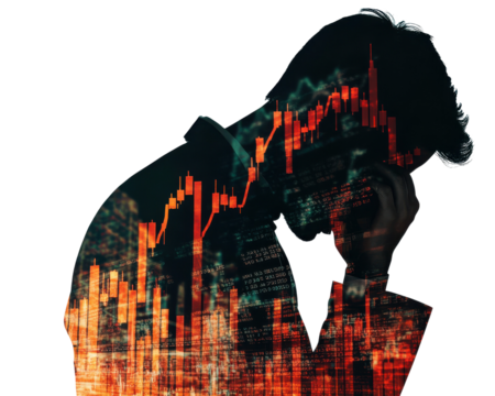 Stressed businessman with financial charts, silhouette on vibrant background.