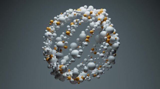 3d abstract structure composed of white and orange spheres arranged in a spherical orbital network. The composition symbolizes technology, connectivity, digital data, and modern abstract art.