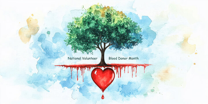 National Volunteer Blood Donor Month concept with a tree growing from a heart-shaped blood drop.