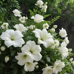 Delicate white funeral flowers with green foliage, sympathy sentiment, floral tribute, farewell