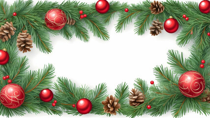 Christmas festive garland, a mix of pine branches, red ornaments and pine cones. Use as graphic resource or invitation cards.