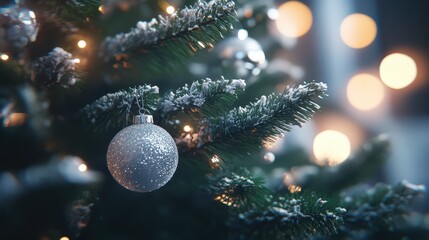Sparkling Silver Ornament Hanging on Snow-Dusted Green Fir Tree with Warm Blurry Christmas Lights in Background for Festive Holiday Atmosphere