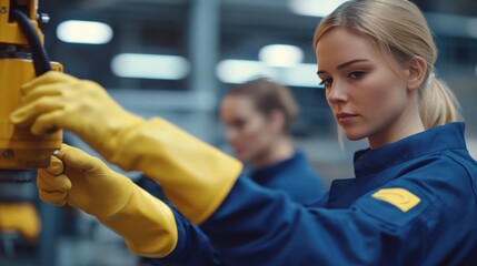 Obraz premium Woman in uniform working with yellow machine
