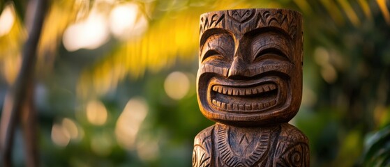 a wooden tiki statue is shown in a tropical setting