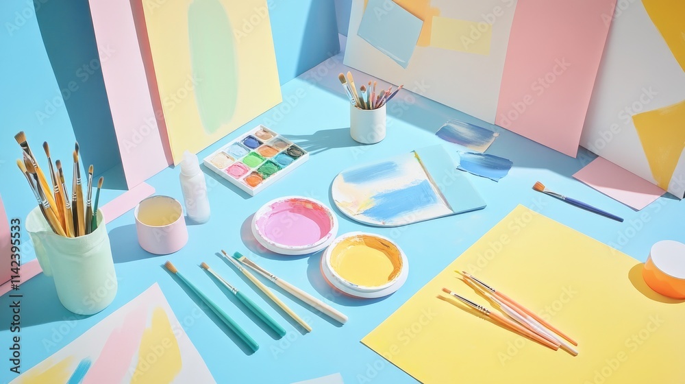 Poster a bright and vibrant workspace filled with paint palettes, brushes, and partially completed canvases