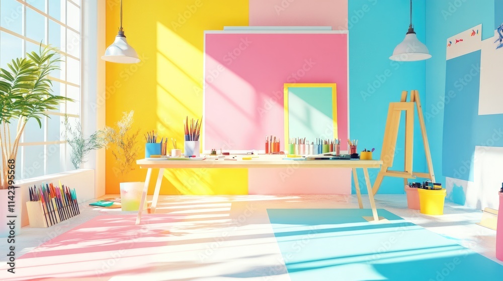 Poster a bright and vibrant workspace filled with paint palettes, brushes, and partially completed canvases