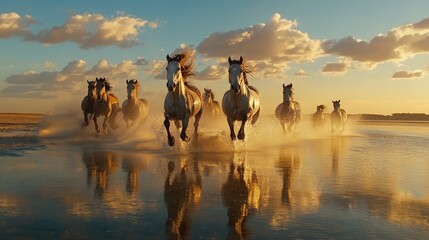 A breathtaking scene of seven horses galloping through shallow water, splashing as they run, with the sky and horizon reflected in the water, creating a serene and natural image.