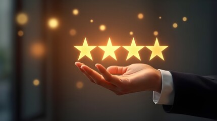 star in businessman hand Get fifth star Hotel concept Restaurant rating Evaluation Quality level Good service Generative AI illustration