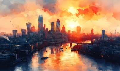 Fototapeta premium Watercolor Aerial sunset view of the skyline of London with skyscrapers at Canary Wharf and the City in the background, England Photo Formats