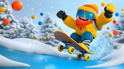 Naklejka premium Joyful Snowman Skateboarding 3D Illustration